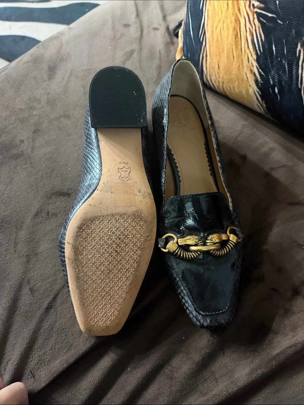 Tory Burch Black Patent Loafers with Gold Horsebit Detail